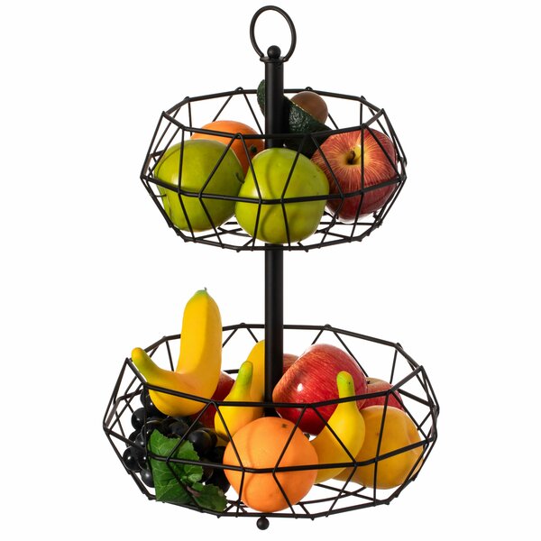 Basicwise 2 Tier Standing Countertop Fruit Basket, Detachable Carbon Steel Stable Fruit Organizer, Black QI004473